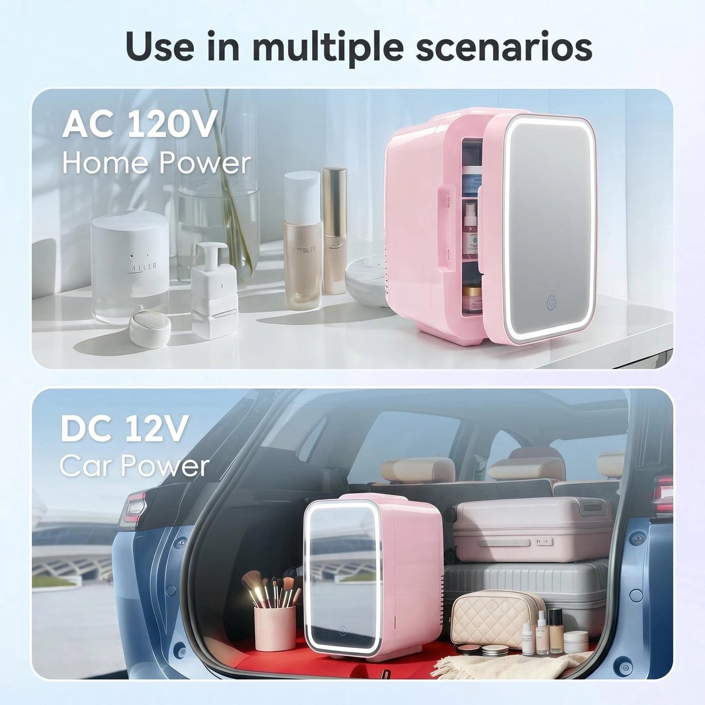 Behome 4L Mini Fridge with Mirror & 3 Brightness Levels, Quiet Small Fridge Cooler & Warmer, Mini Refrigerator for Bedroom, Office, Car, for Food, Drinks, Skincare & Makeup