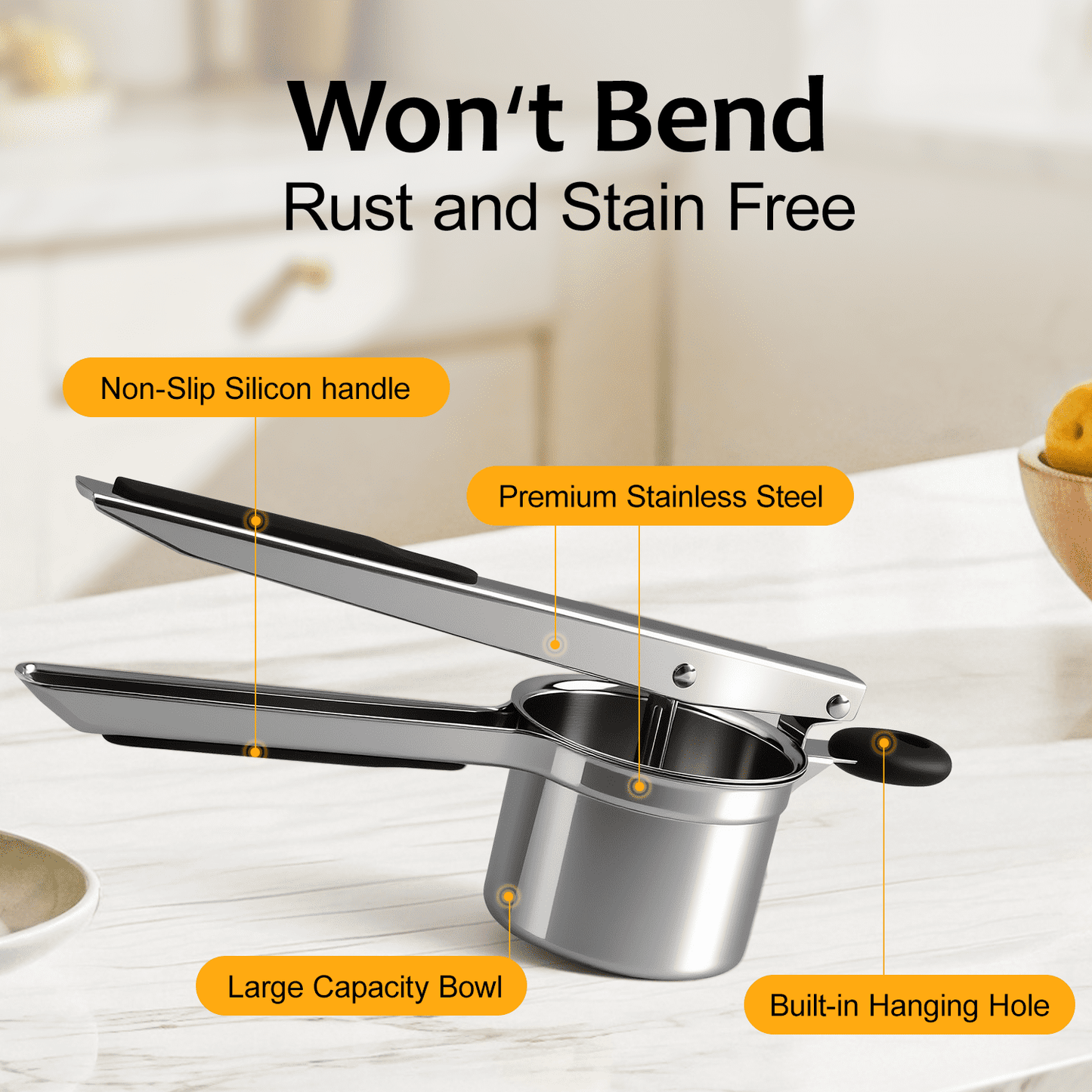 Behome Potato Ricer with 3 Interchangeable Discs, 15 oz Heavy Duty Stainless Steel Potato Masher and Ricer, Kitchen Gadget for Mashed Potatoes, Carrots