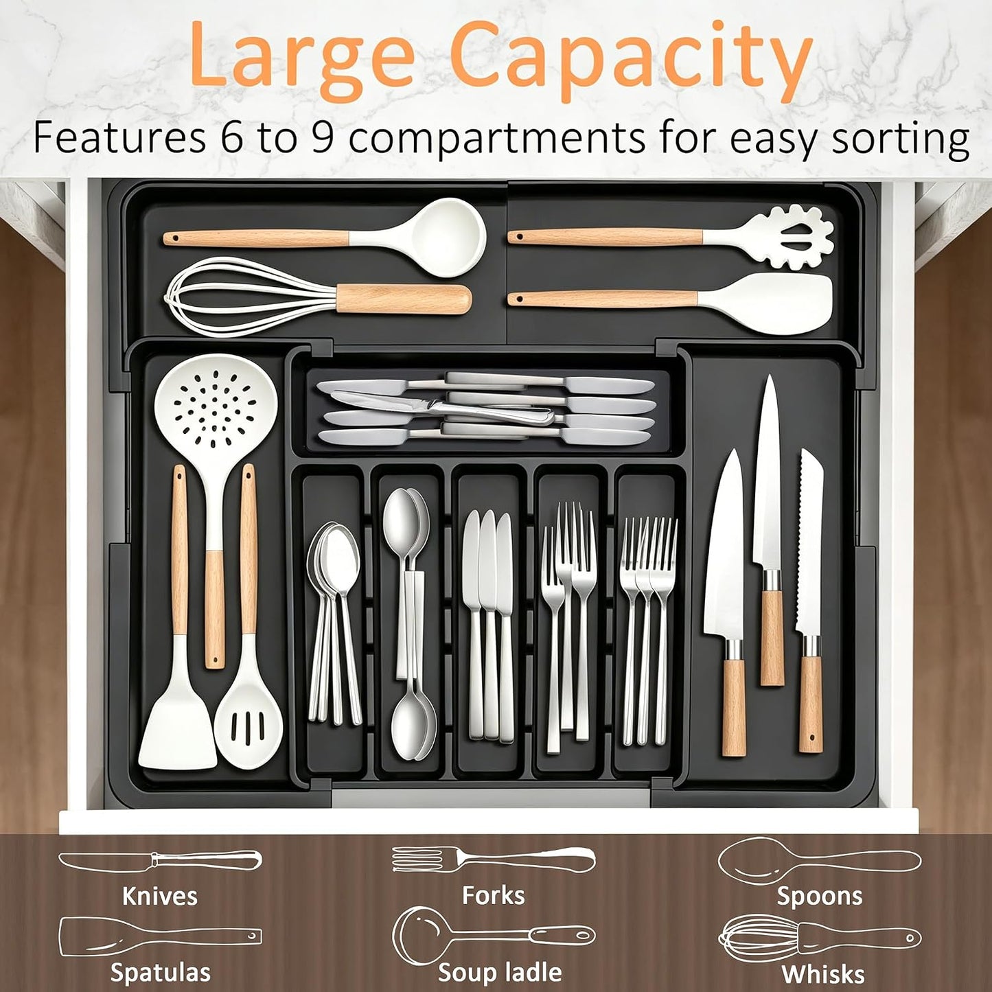 Behome Silverware Organizer, Expandable Silverware Tray for Drawer, Space-Saving 9 Storage Compartments Holds Silverware, Multipurpose Kitchen Drawer Organizer for Forks, Knives, Black