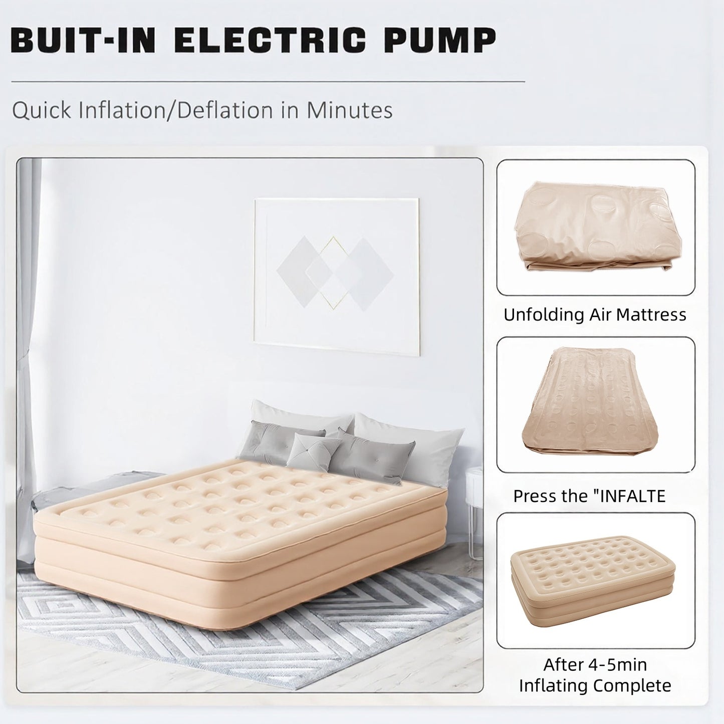 BN-LINK Queen Air Mattress, Air Mattress with Built in Pump, Inflatable Air Mattress for Guests, Camping & Home, 770lb Weight Capacity, 81 x 60 x 16 inches, Khaki
