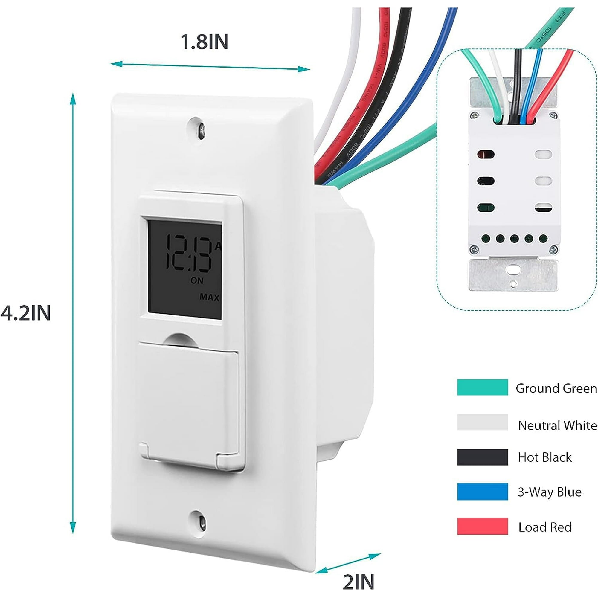 BN-LINK 7 Day Programmable In-Wall Timer Switch for Lights, fans and Motors , Single Pole and 3 Way Both Use, Blue Backlight, Neutral Wire Required, White