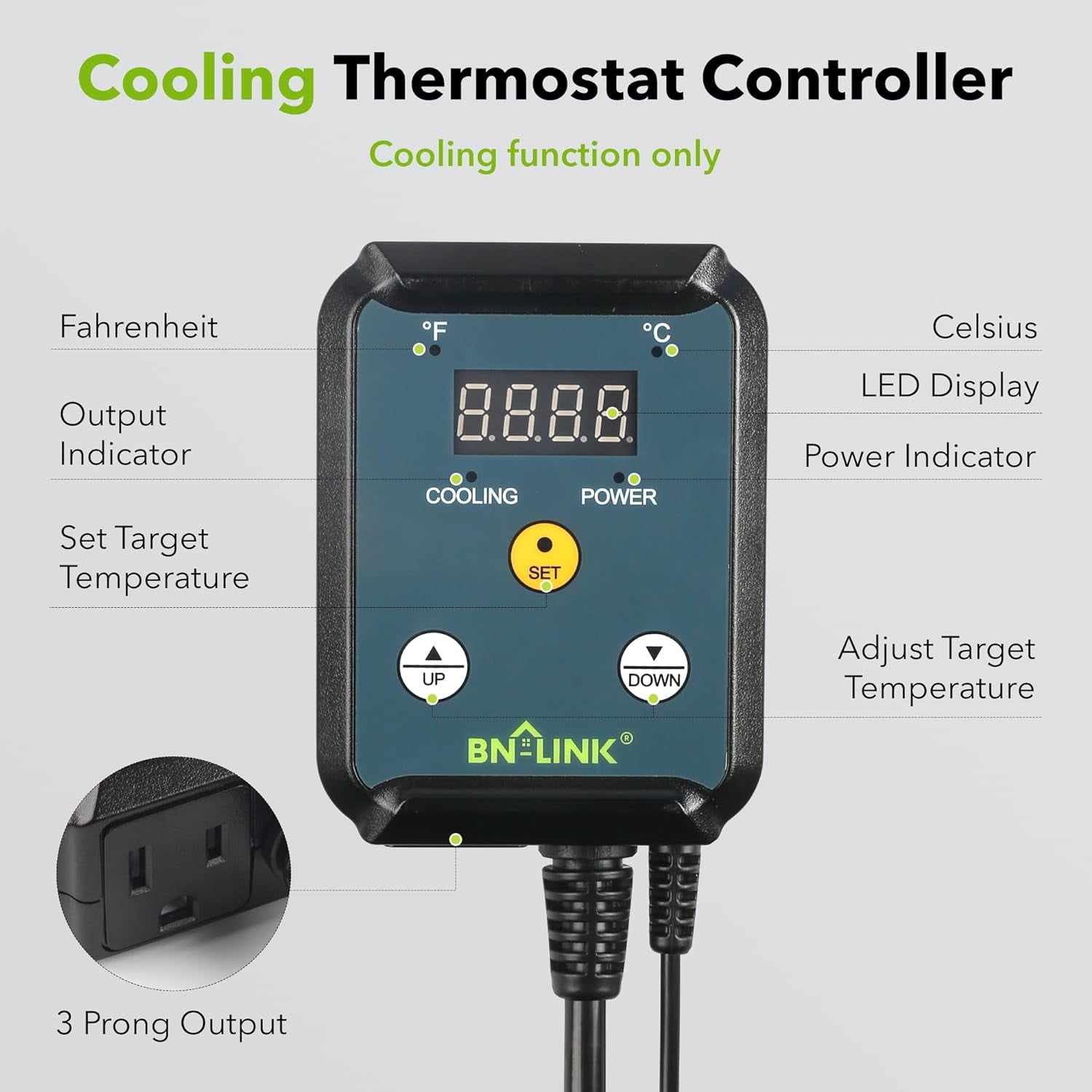 BN-LINK Digital Cooling Thermostat Controller for Cooling Device Circulation Box Fans 40-108 °F 8.3A 1000W