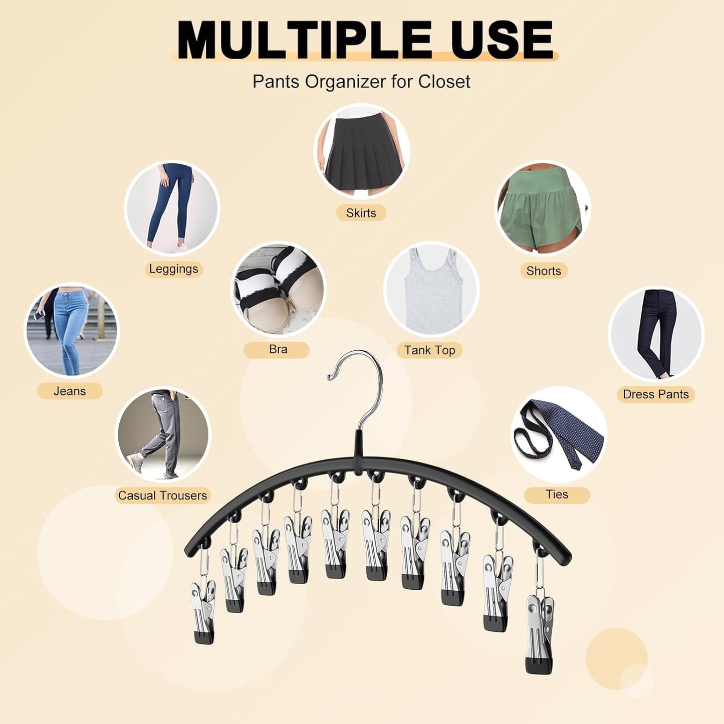 Behome 2 Pack Pants Hangers, Legging Organizer for Closet with 10 Clips, Space Saving Hanging Closet Organizer for Shorts, Jeans, Skirts, Pants