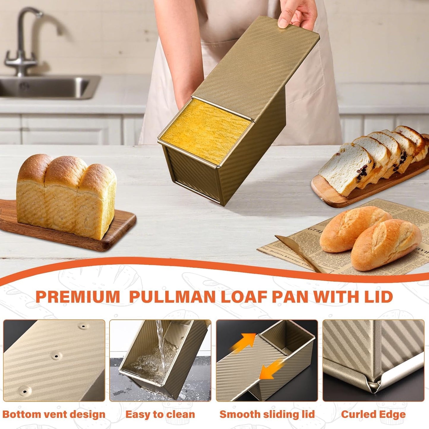 Behome 2 Pack Loaf Pan with Lid, 1 lb/0.5 lb Dough Capacity Bread Pans, Non-Stick Sandwich Bread Loaf Pan for Homemade Baking Bread, Gold
