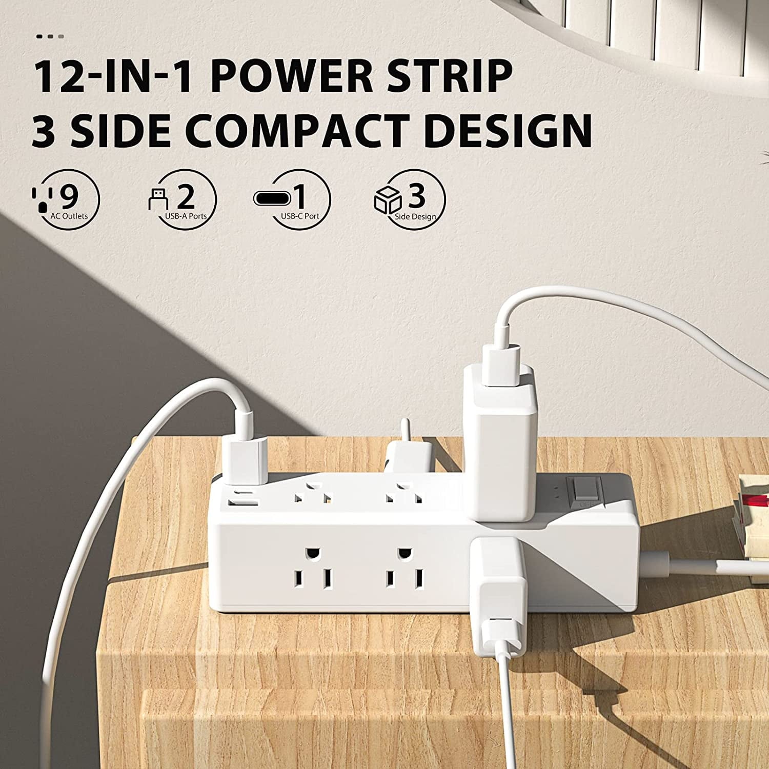 BN-LINK Surge Protector Power Strip with 9 Outlets 2 USB-A 1 USB-C (Total 3.4A), 3-Side Outlet Extender Strip with 5 Ft Extension Cord, Flat Plug, Desktop Charging Station for Travel, Home, Office