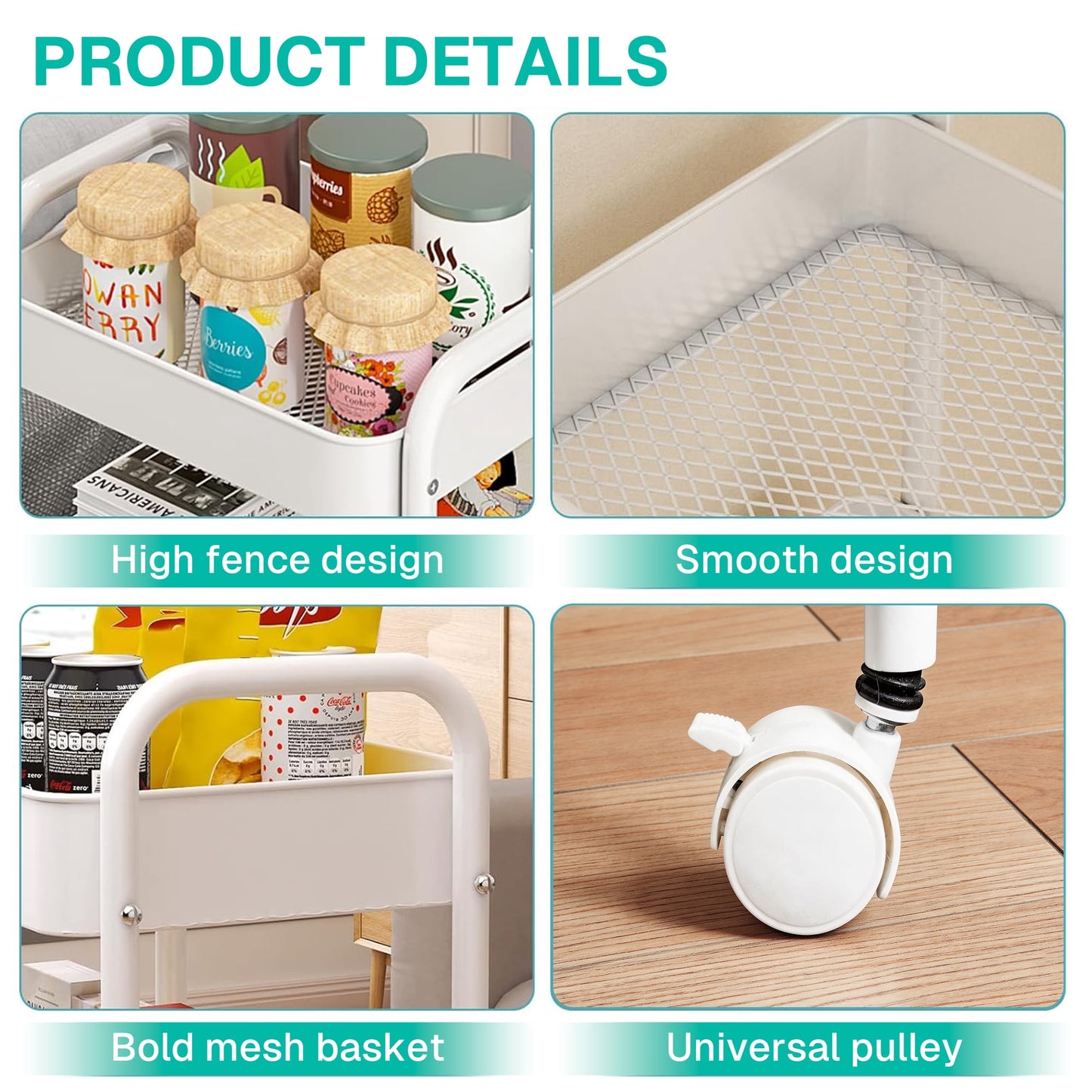 Behome Rolling Cart, 3 Tier Storage Trolley with Handle, Utility Cart with Plastic Shelf & Lockable Wheels, Kitchen Storage Organizer for Bathroom, Office, Bedroom, White