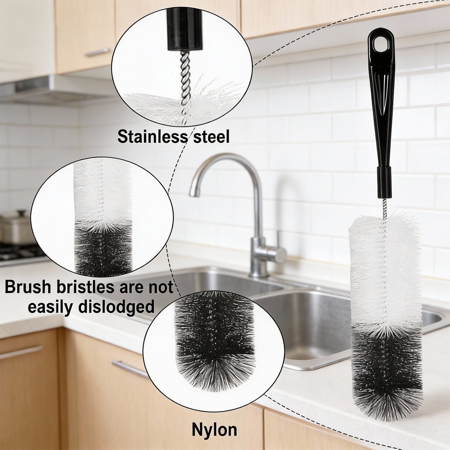Behome Bottle Brushes, 5Pcs Bottle Cleaning Brush Set, Reusable Pipe Cleaner Brushes, Small Brushes for Cleaning Narrow Neck Water Bottles Jars Teapot (White&Black)