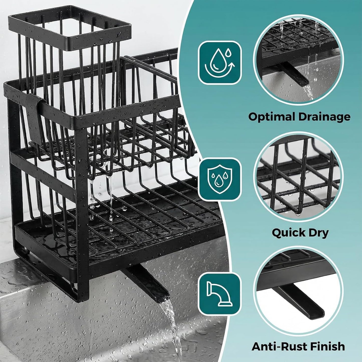 Behome 2-Tier Sponge Holder for Kitchen Sink, Sink Caddy Organizer with Brush Holder and Removable Drain Tray, Rustproof Countertop Organizer for Sponge, Soap Dispenser Storage Accessories