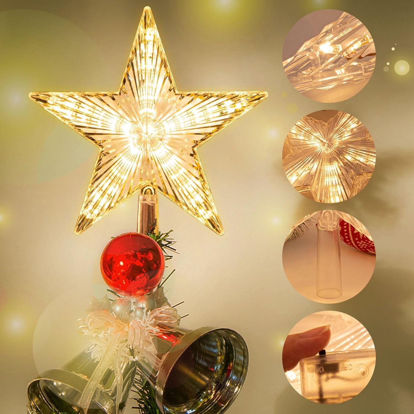 Behome Christmas Tree Topper, 8.7 Inch LED Lighted Star Tree Top, Warm White Light Christmas Tree Decor for Christmas Holiday Home, Clear