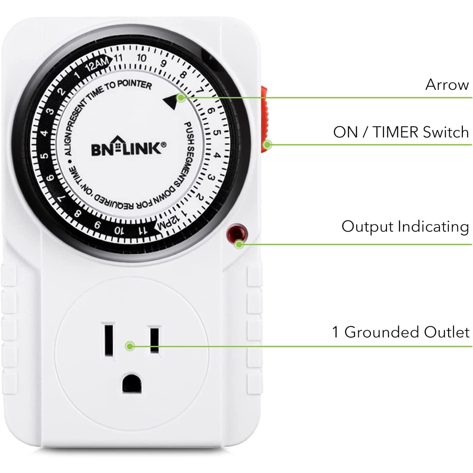 N-LINK 24 Hour Plug-in Mechanical Timer Grounded for Aquarium, Grow Light, Hydroponics, Pets, Home, Kitchen, Office, Appliances, UL Listed 125VAC, 60 Hz, 1875W, 15A, 1/2HP 2 Pack