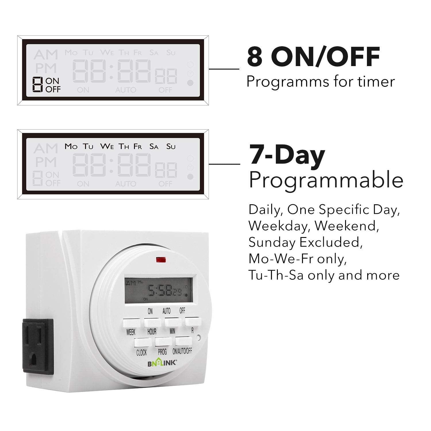 BN-LINK 7 Day Heavy Duty Digital Programmable Timer, Dual Outlet Timer (Single Control), Indoor for Lamp Light Fan Security, UL Listed, White