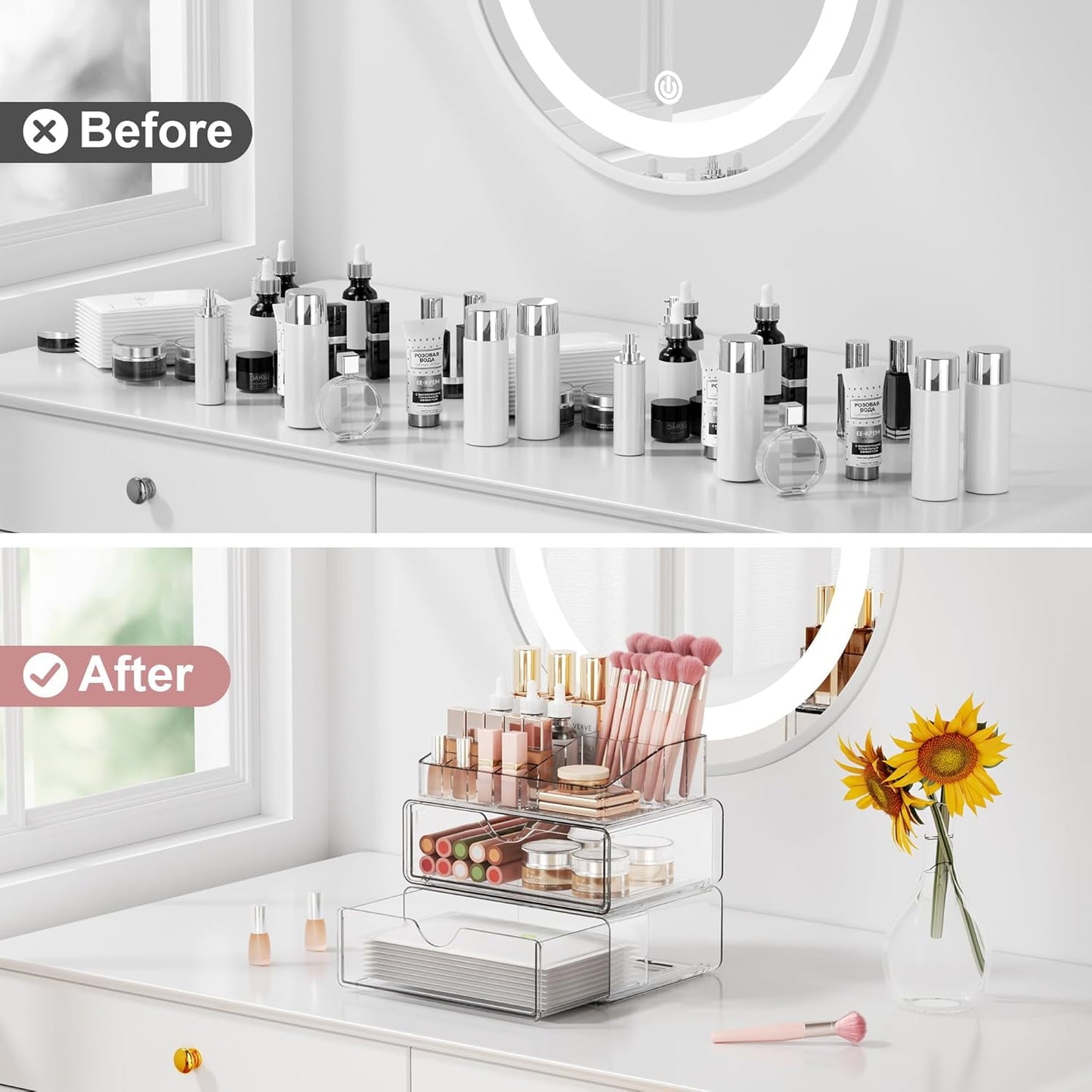 Behome 3 Tier Clear Makeup Organizer Countertop, Makeup Storage with Drawer, Cosmetic Organizer for Bathroom Vanity, Brushes, Jewelry