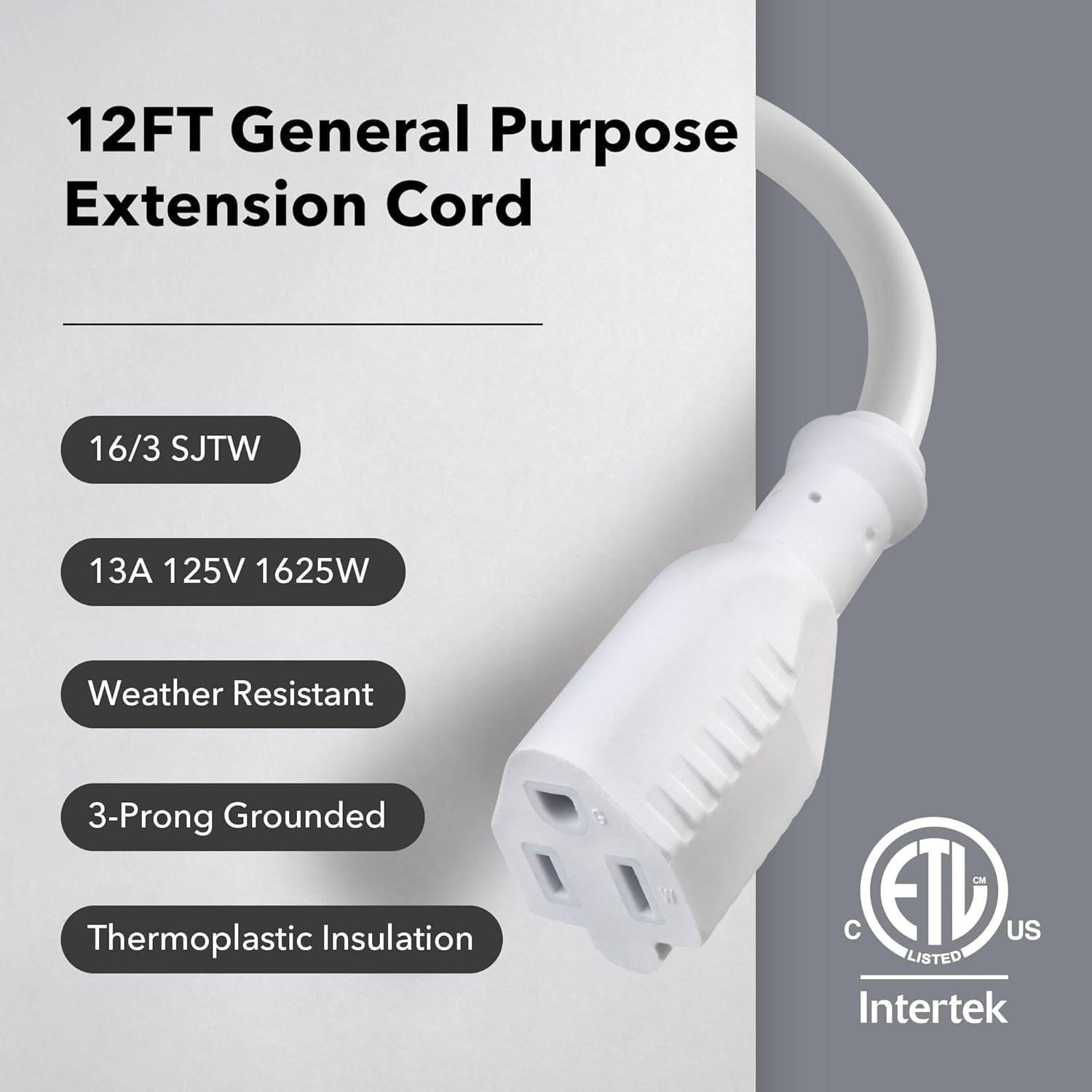 BN-LINK 12ft Outdoor Extension Cord, 3-Prong, 16 Gauge General Purpose Power Cord, Grounded Plug, White, for Landscaping & Holiday Decorations, Home & Office, 13A ETL