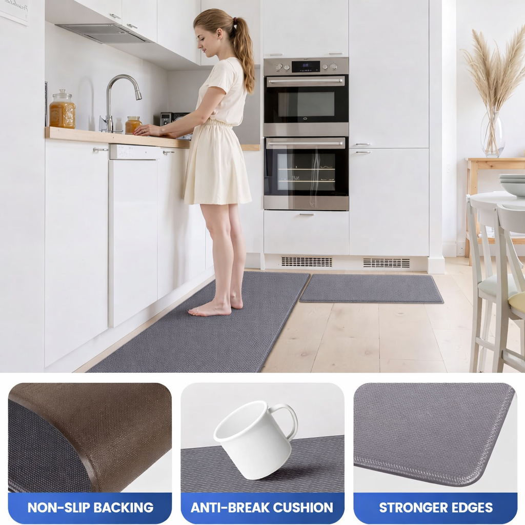 Behome 2 Pack Kitchen Mats, Cushioned Anti Fatigue Rugs, Non-Slip Waterproof Comfort Standing Mats for Kitchen, Office, and Floor, 17.3"x30"+17.3"x47", Grey