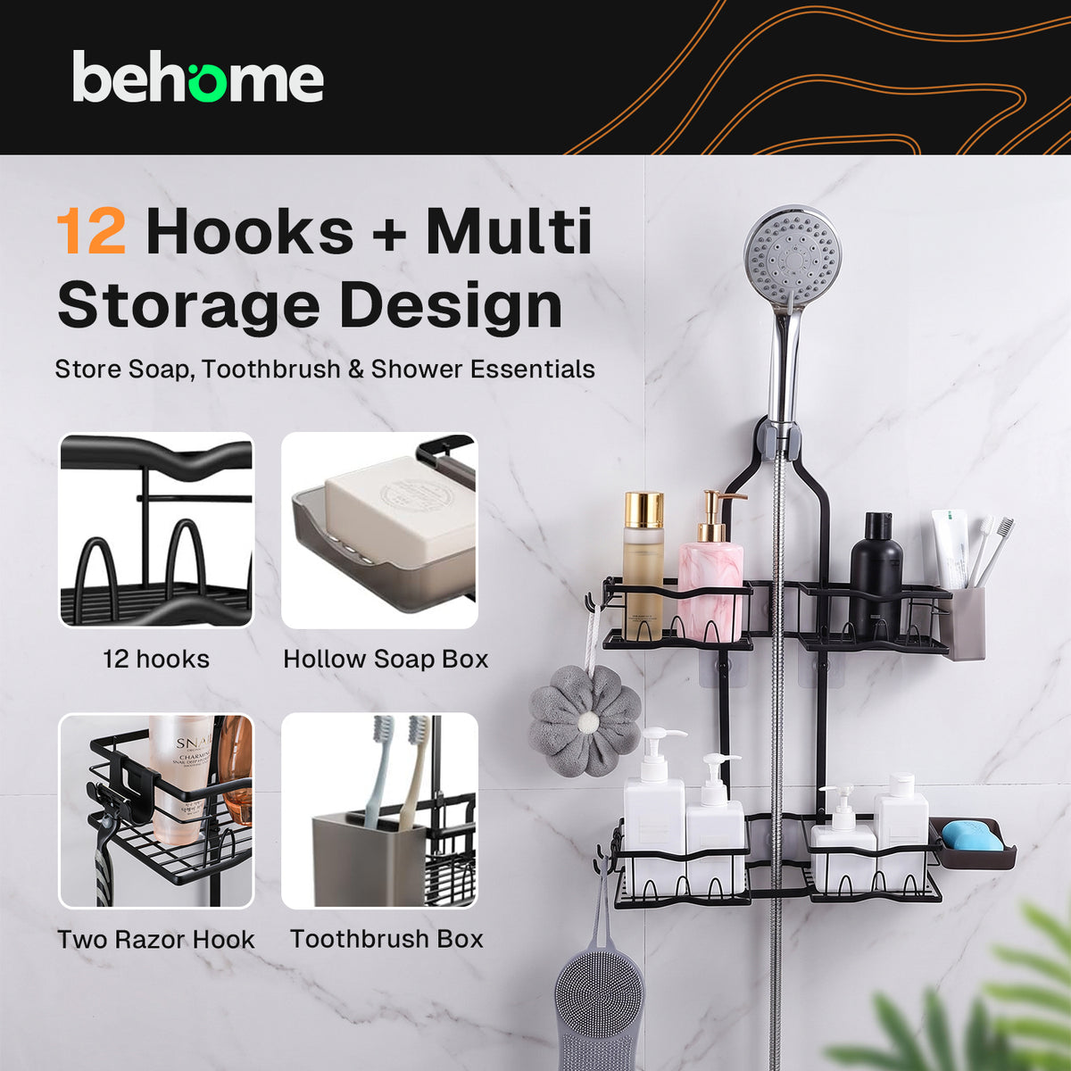 Behome Hanging Shower Caddy, Rustproof Shower Organizer with Soap Holder and Hooks, Over Showerhead Caddy for Bathroom, Black
