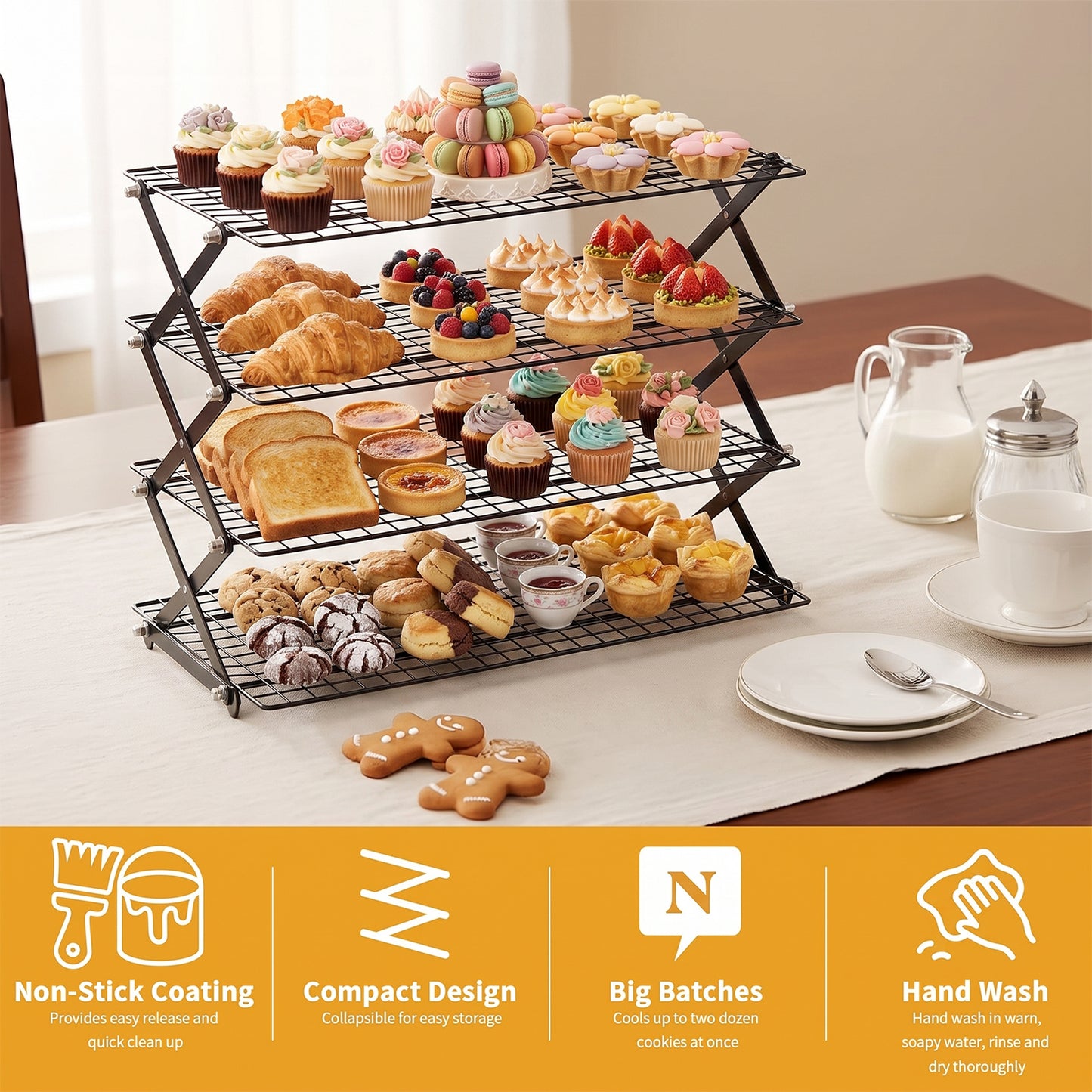 Behome 4-Tier Collapsible Cooling Rack, 3 Setting Design Stackable Baking Rack, Dishwasher Safe Cooling Racks for Cooking, Baking, Roasting & Grilling