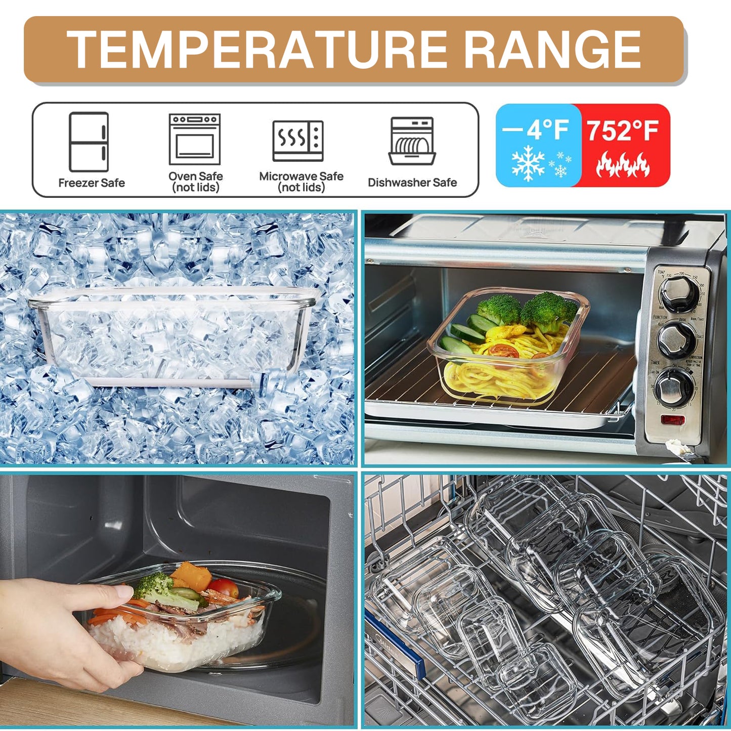 Behome 8 Pack Glass Food Storage Containers with Airtight Lids, BPA Free Glass Meal Prep Containers with Snap Locks, Lunch Containers for Microwave, Oven, Freezer and Dishwasher