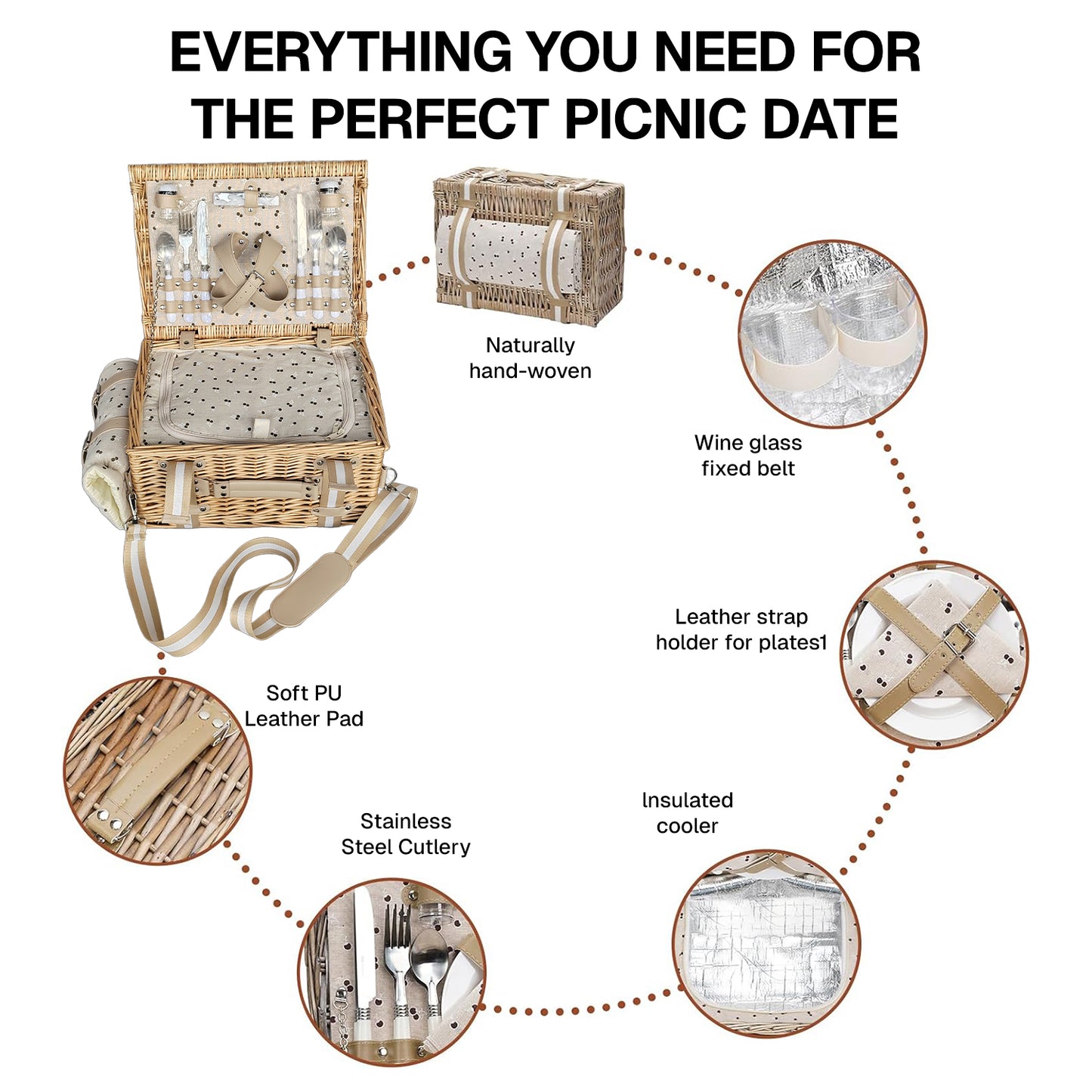 BN-LINK Wicker Picnic Basket for 2, Picnic Basket with Waterproof Blanket & Insulated Liner,Willow Hamper for Picnic, Camping,Travel, Natural