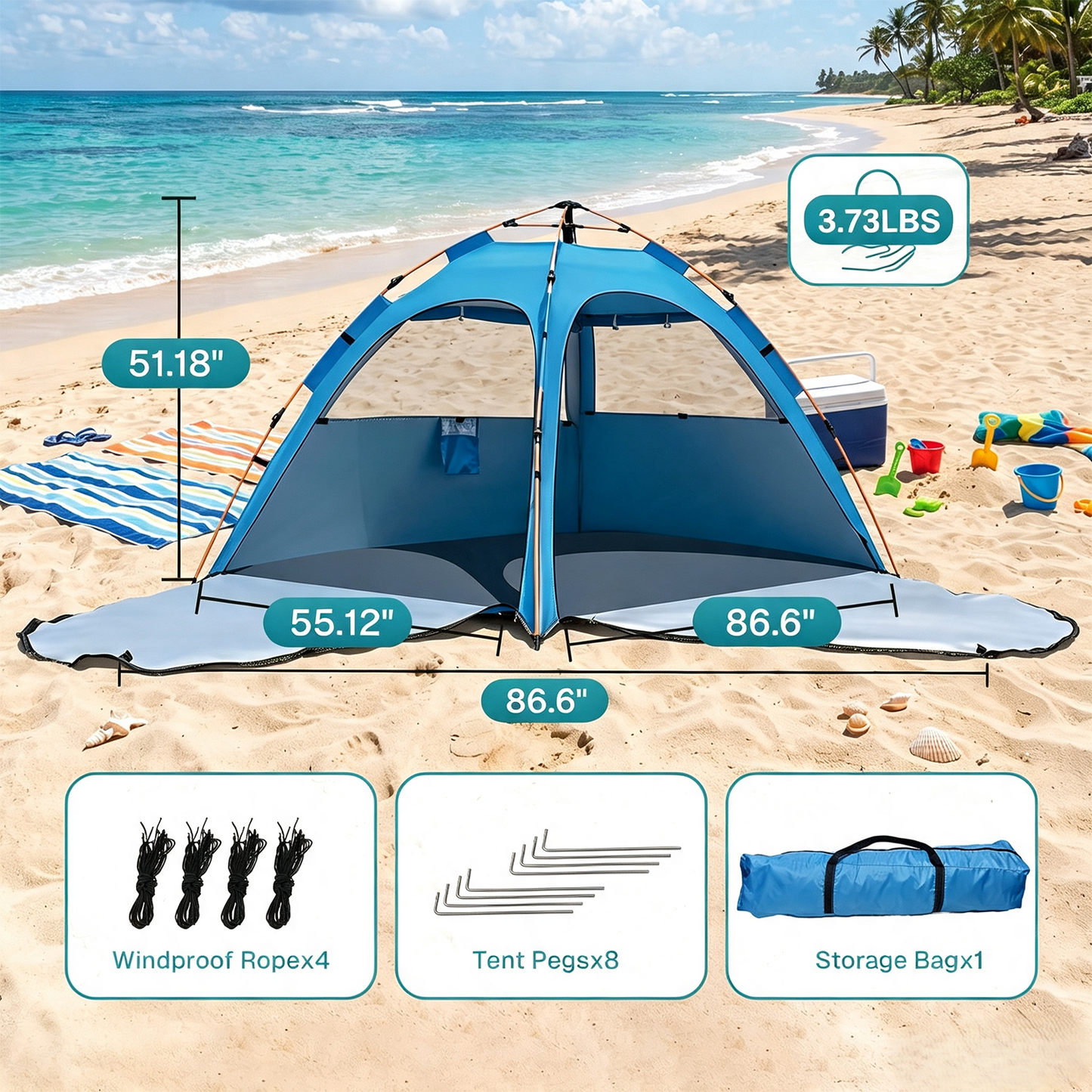 BN-LINK Pop up Beach Tent, 2-3 Person Beach Tent Sun Shelter, Breathable Mesh Window,UPF 50+ UV Protection,Portable Lightweight Beach Shade for Outdoor Camping, Fishing, Family Picnics,Blue