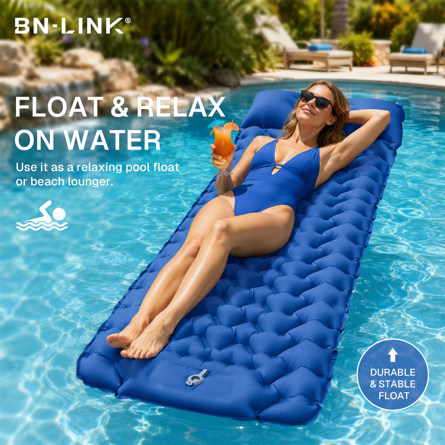 BN-LINK Camping Sleeping Pad, Inflatable Camping Mattress with Built-in Foot Pump & Pillow, Compact Sleeping Pad for Camping, Tent, Backpacking, Hiking,Blue