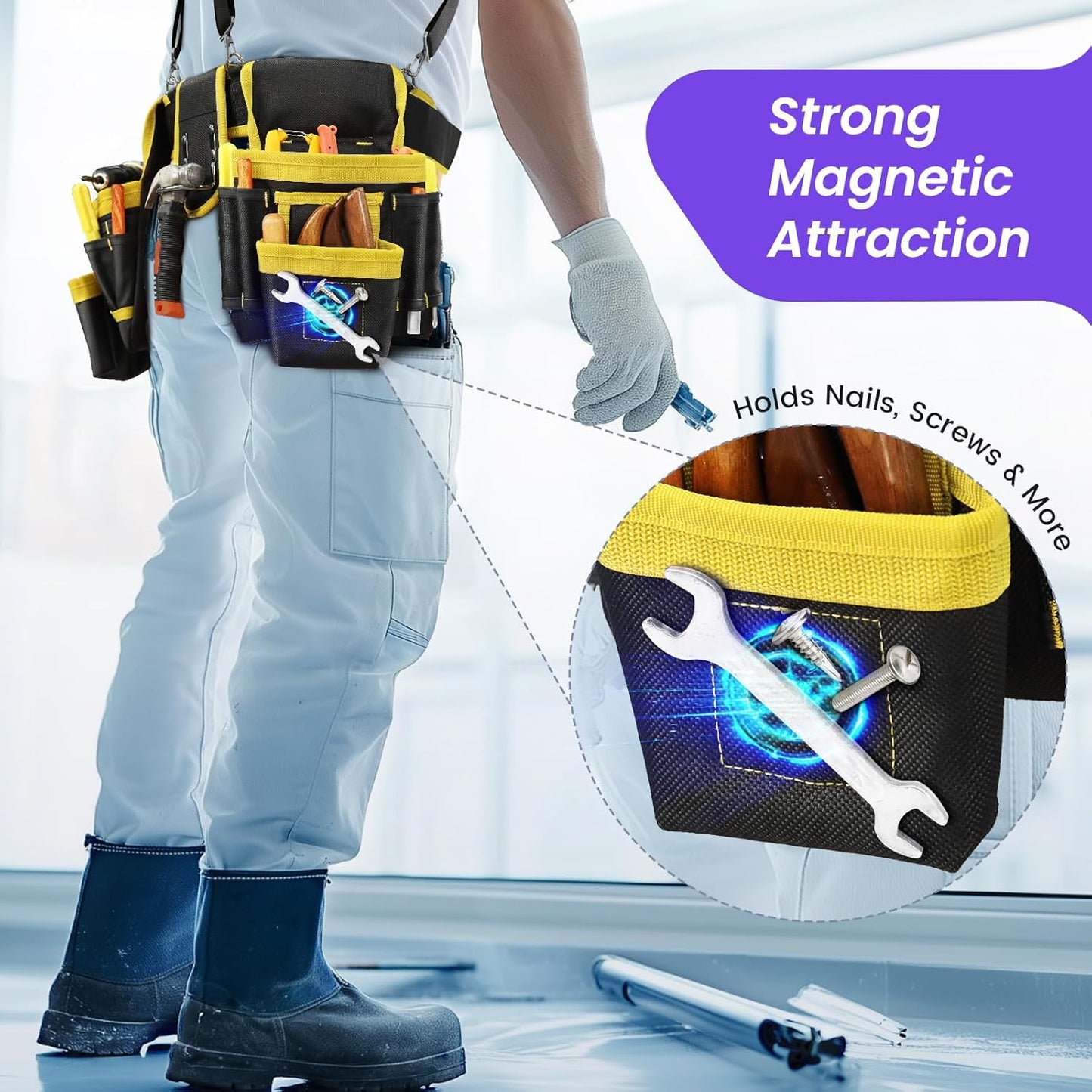 Behome Tool Belt, 26 Pockets Heavy Duty Tool Pouch, Detachable Adjustable Utility Belt Work Bags for Electrician, Carpenter, Black and Yellow