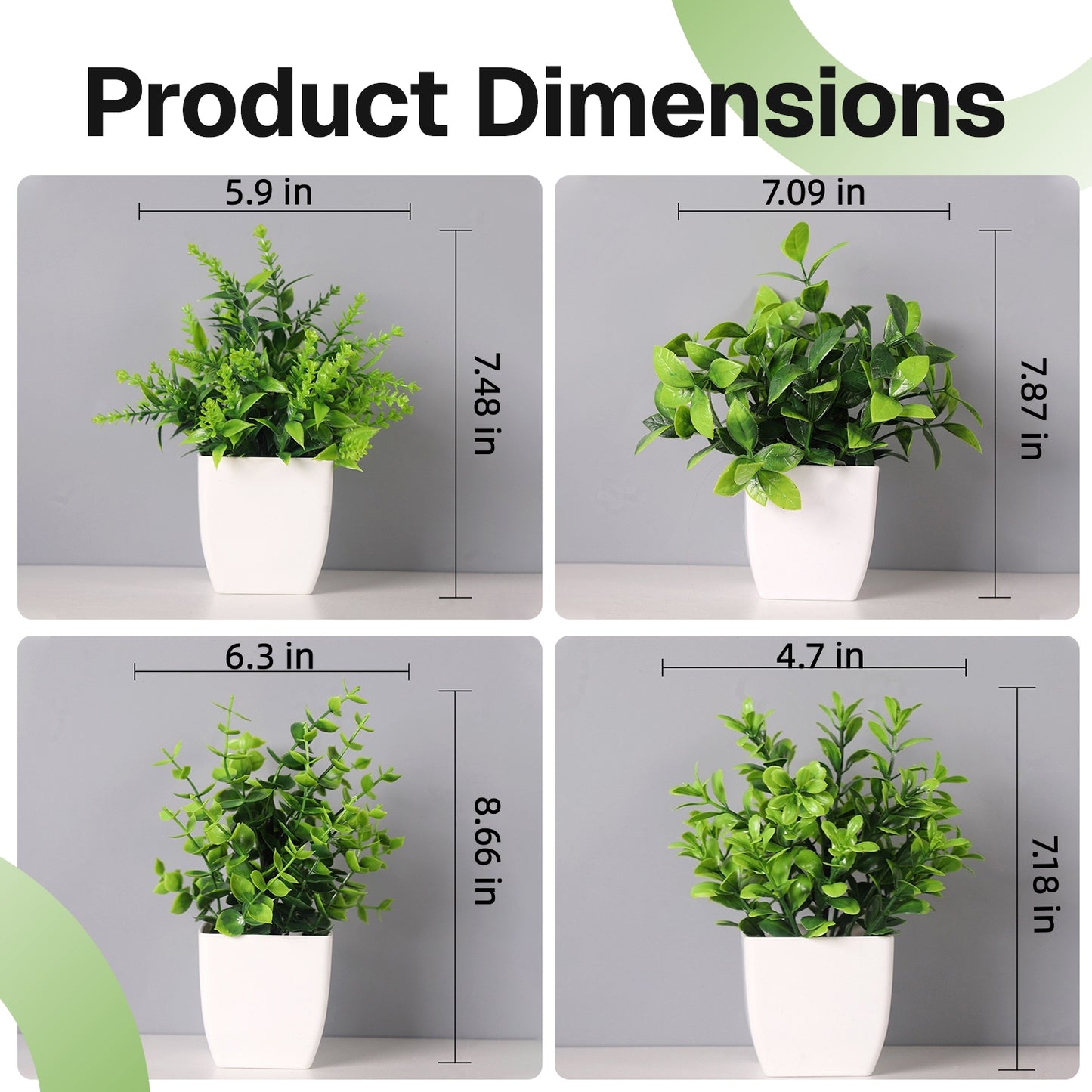 Behome Fake Plants, 4 Pack Small Fake Plants in White Plastic Pot, Mini Artificial Greenery Potted Plants for Home Decor, Green