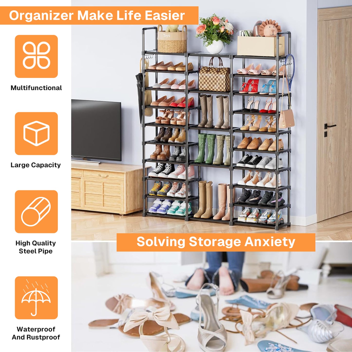 Behome 9-Tier Metal Shoe Rack, Tall Large Shoe Rack Storage Organizer with Hooks, Shoe Shelf for Entryway, Closet, Bedroom, Living Room, Black