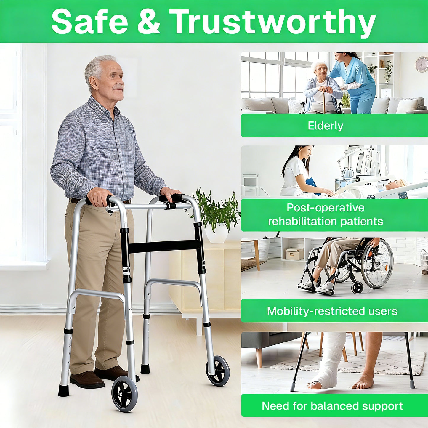 BN-LINK Walker for Senior, Folding Walker with 5'' Wheels, Adjustable Lightweight Aluminum Walker for Elderly,Disabled,Supports up to 330 lbs, Silver