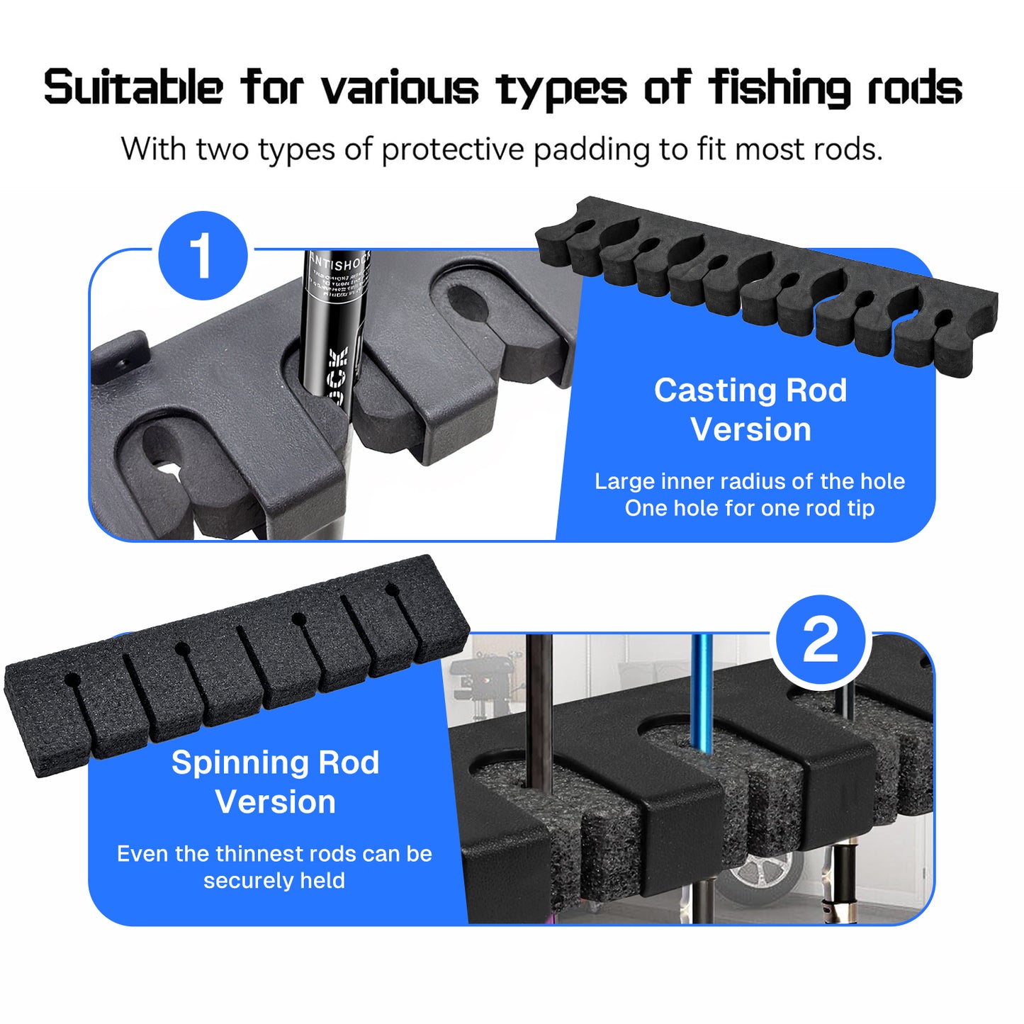 BN-LINK Wall-Mounted Fishing Rod Holder, Holds Up to 6 Rods, Fishing Pole Rod Rack, Easy-To-Mount Fishing Pole Holders for Garage, Fishing Gear and Gifts for Men