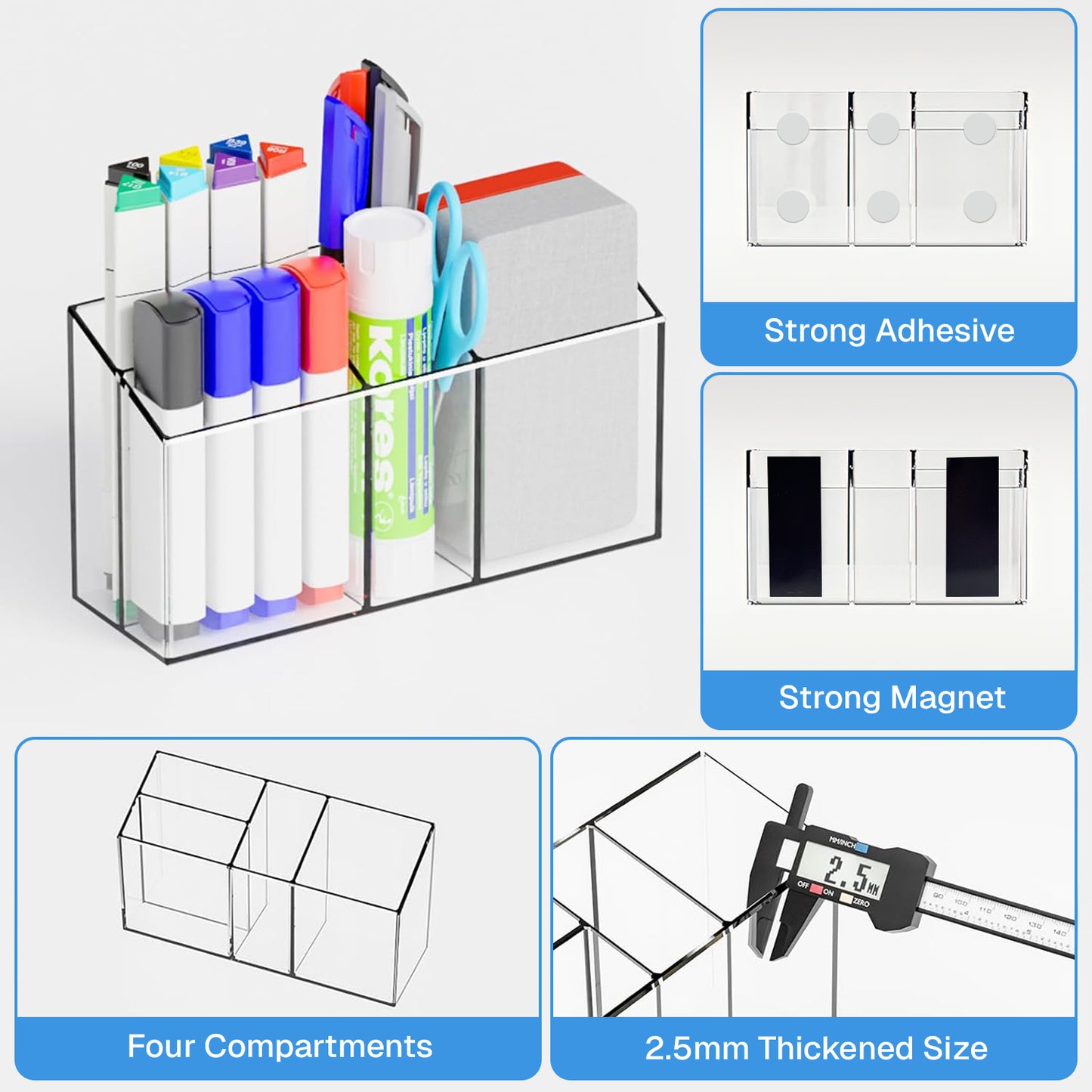 Behome Magnetic Pen Holder, Dry Erase Marker Holder for Whiteboard Fridge, Wall Mounted Acrylic Magnet Pen Holder with Adhesive, Classroom and Locker Magnetic Organizer