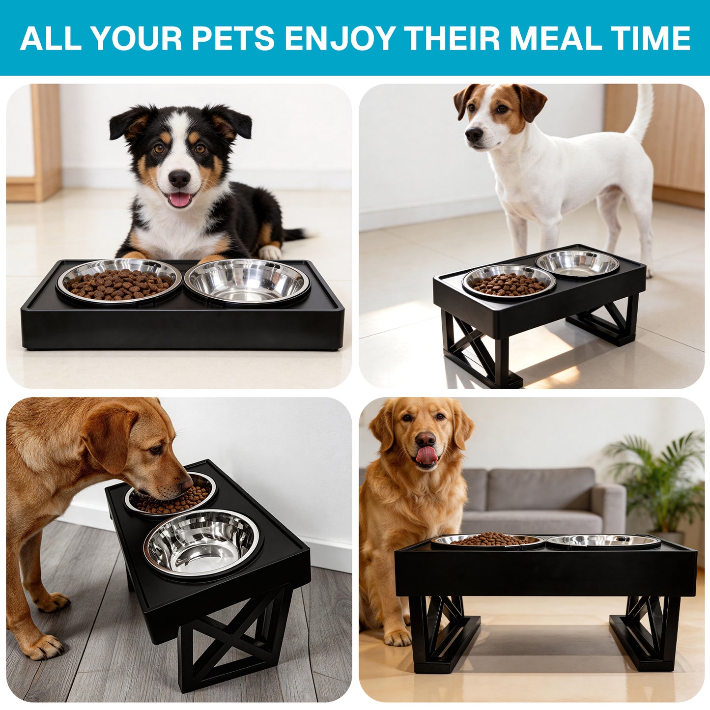 Behmoe Elevated Dog Bowls for Medium Large Dogs,3 Heights Adjustable Breed Raised Dogs Bowl Stand with 2 Stainless Steel Water And Food Bowls,Non-Slip Feeder Dish Station,Black