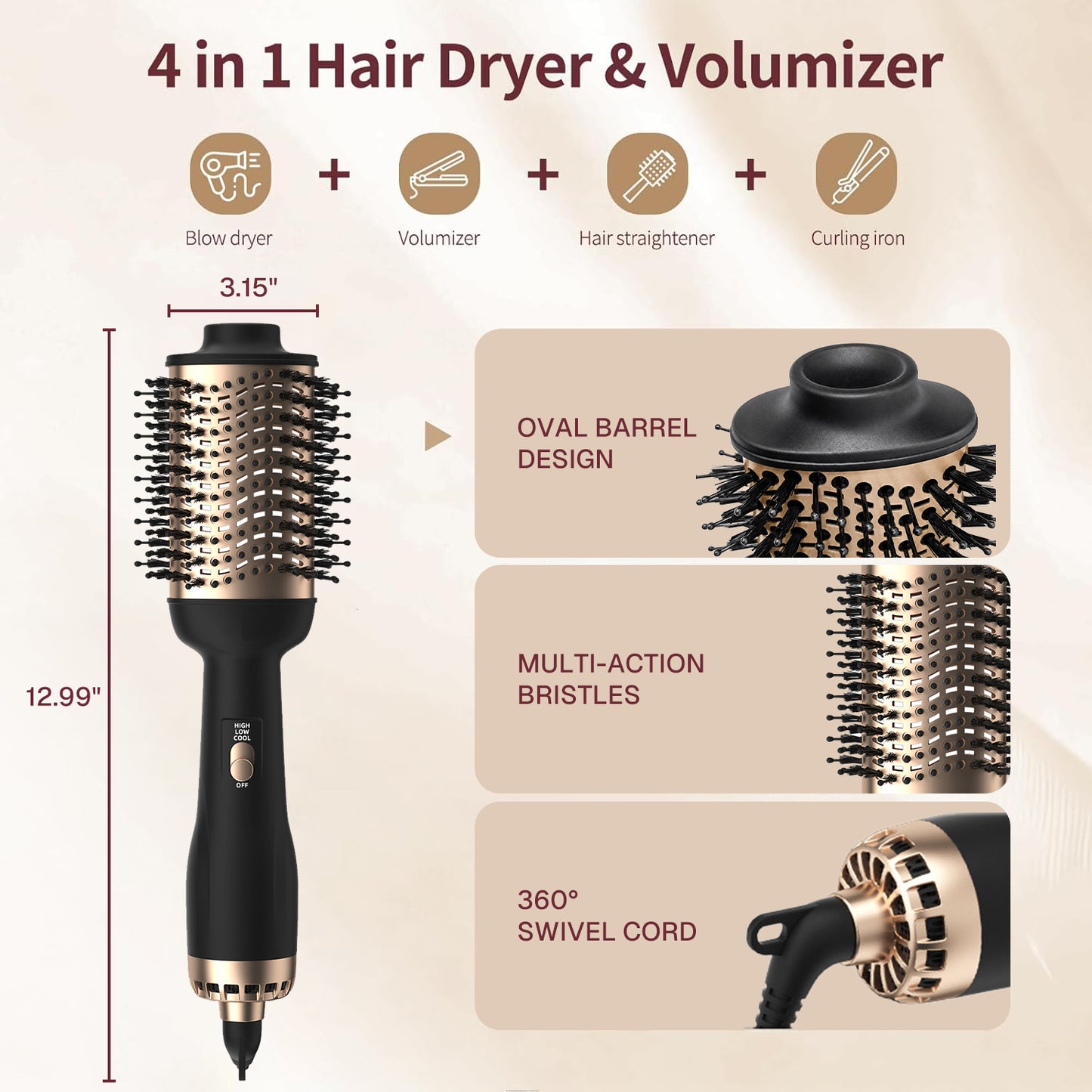 Behome Hair Dryer Brush, 4-in-1 Blow Dryer Brush with Oval Ceramic Barrel,Hot Air Brush for Fast Styling,Frizz-Free,Voluminous Blowouts, Gold Black
