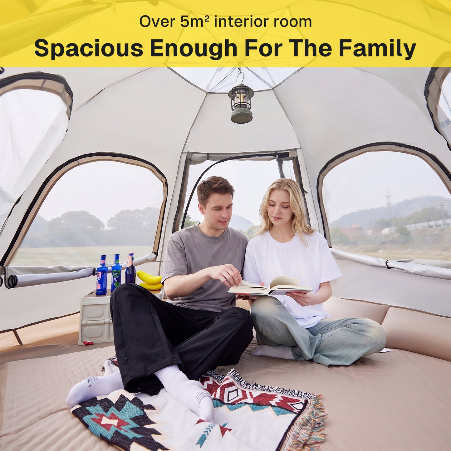 BN-LINK 5-8 Person Camping Tent, Waterproof Windproof Pop Up Tent with 2 Doors, 4 Large Mesh Windows, Automatic Setup Instant Tents for Camping, Hiking & Traveling,Beige