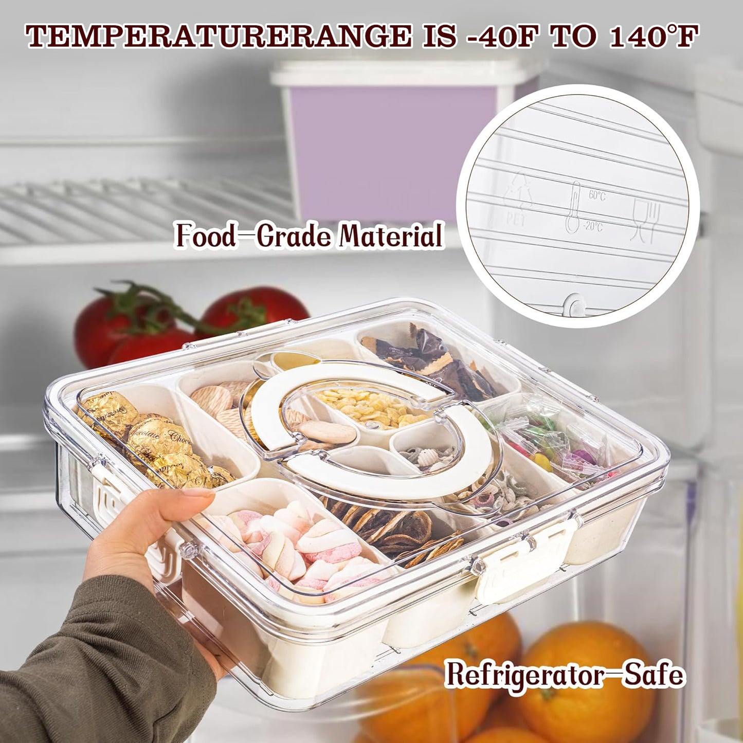 Behome Snackle Box Container, 8 Compartments Divided Serving Tray with Lid and Handle, Portable Food Storage Box, Snack Organizer for Candy, Fruits, Snacks, Nuts