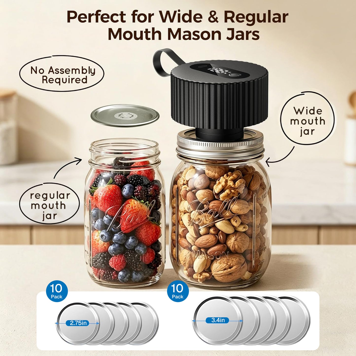 Behome Electric Mason Jar Vacuum Sealer with 20 Pack Lids, Automatic Wide Mouth and Regular Mouth Mason Jar Sealer Kit, Jar Vacuum Sealer for Food Storage and Fermentation, Black
