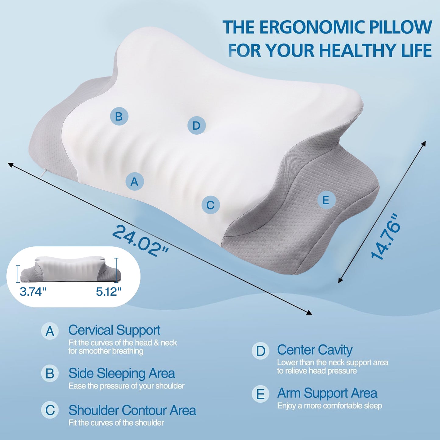 Behome Cervical Pillow for Neck Pain Relief, Ergonomic Contour Memory Foam Pillows with Cooling Case, Neck Support Pillow for Side Back Stomach Sleeper
