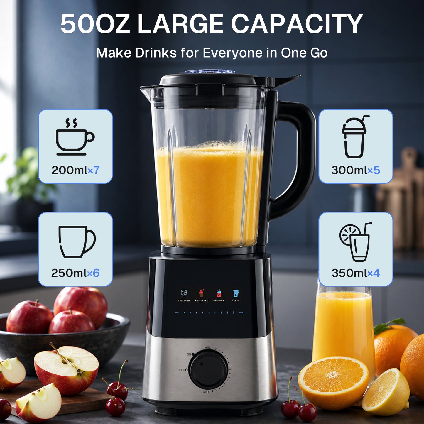 Behome Blender with Grinder, Stepless Speed & 4 Functions, 1200W Blender for Smoothies with 50 Oz Glass Jar, Self-Cleaning Blenders for Kitchen, Black