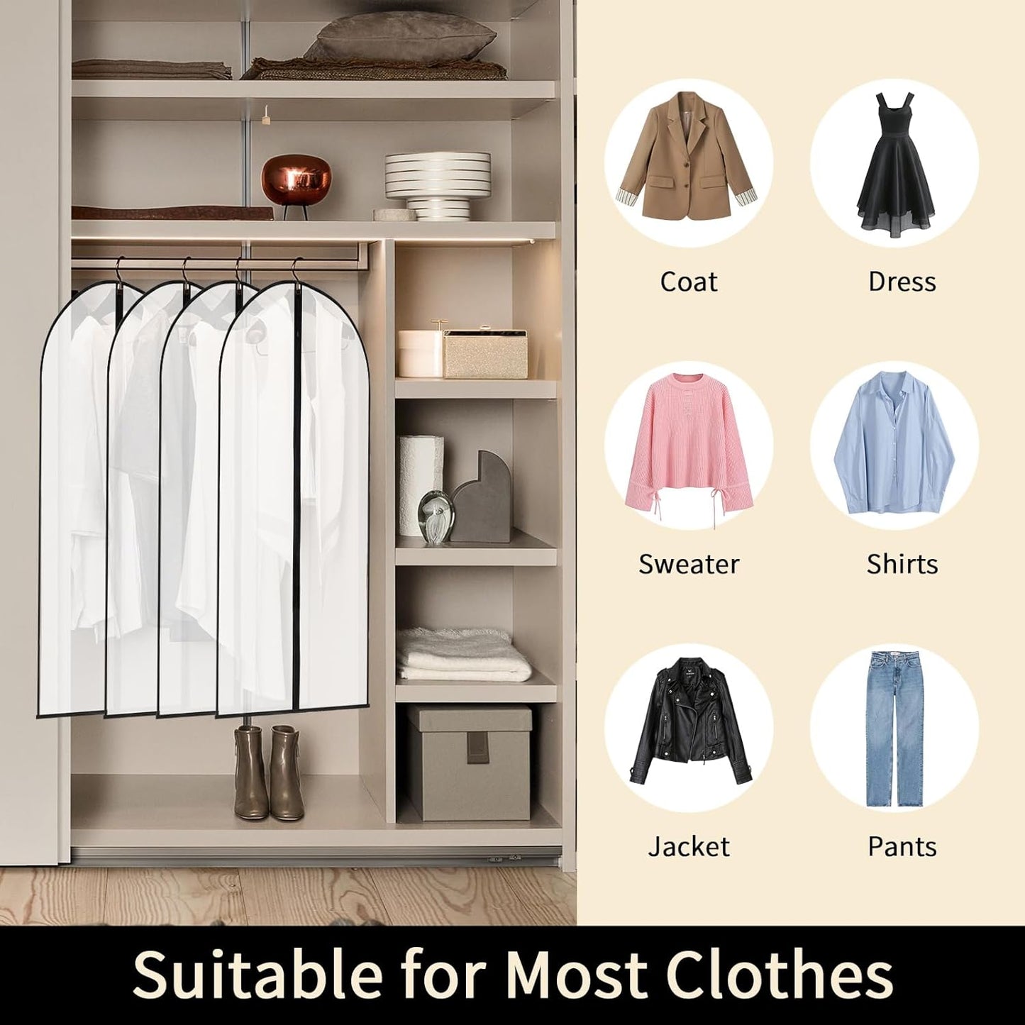Behome Garment Bags for Hanging Clothes, 40" Suit Bags for Closet Storage and Travel, Dress Bags for Gowns Long, 6 Pack (Black)