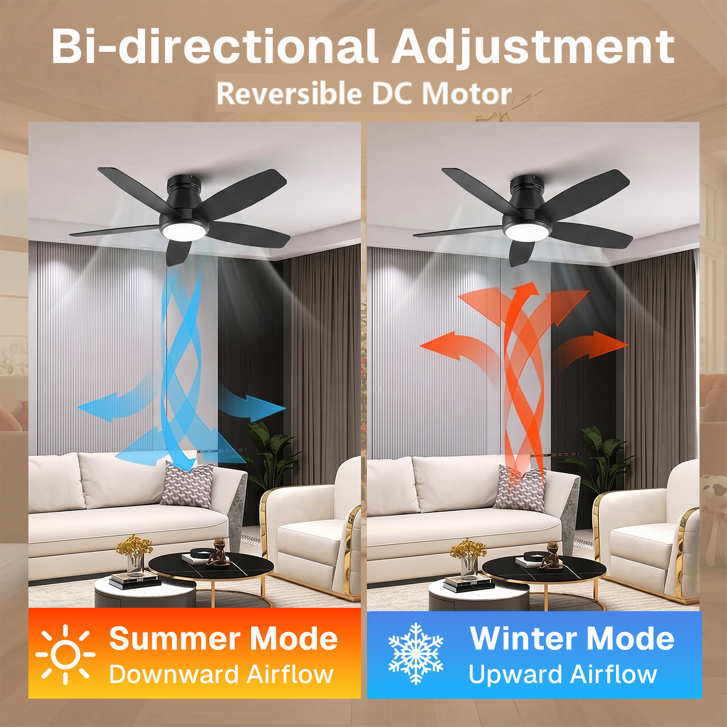 Behome 42" Ceiling Fan, Low Profile Ceiling Fans with Lights and Remote/APP Control, Double-sided Fan Blades, Flush Mount, 6 Speeds & Reversible, 3CCT, Dimmable, Noiseless, for Bedroom, Living Room