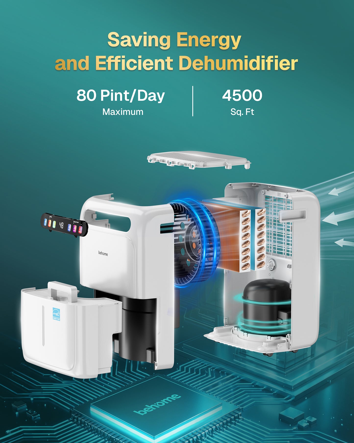 Behome 4500 Sq.Ft Energy Star Most Efficient 2026 Dehumidifier Intelligent Humidistat Max 80 Pint/Day Smart Compressor Dehumidifier with Drain Hose for Basement,Home,Bedroom,Bathroom