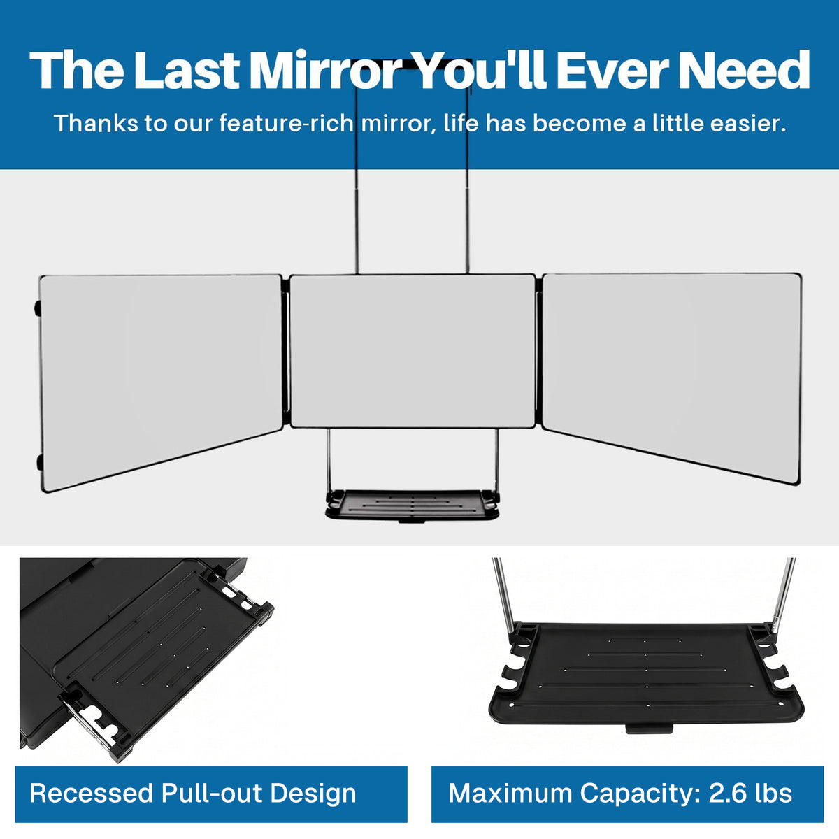 Behome 3 Way Mirror for Hair Cutting with Storage Shelf, 360°Trifold Mirror with Adjustable Height, for Shaving, Makeup, Hair Styling(Black)