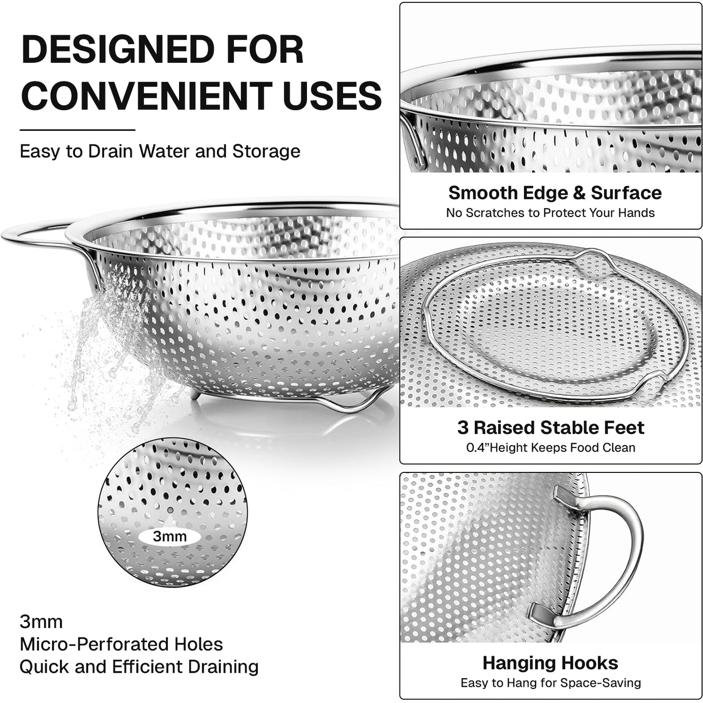 Behome 3 Pack Colander, Stainless Steel Colander Strainers with Handles & Resting Base, Steel Colander Sieves for Draining Rinsing Washing, for Pasta Vegetables Fruits, 2/4/7 Qt