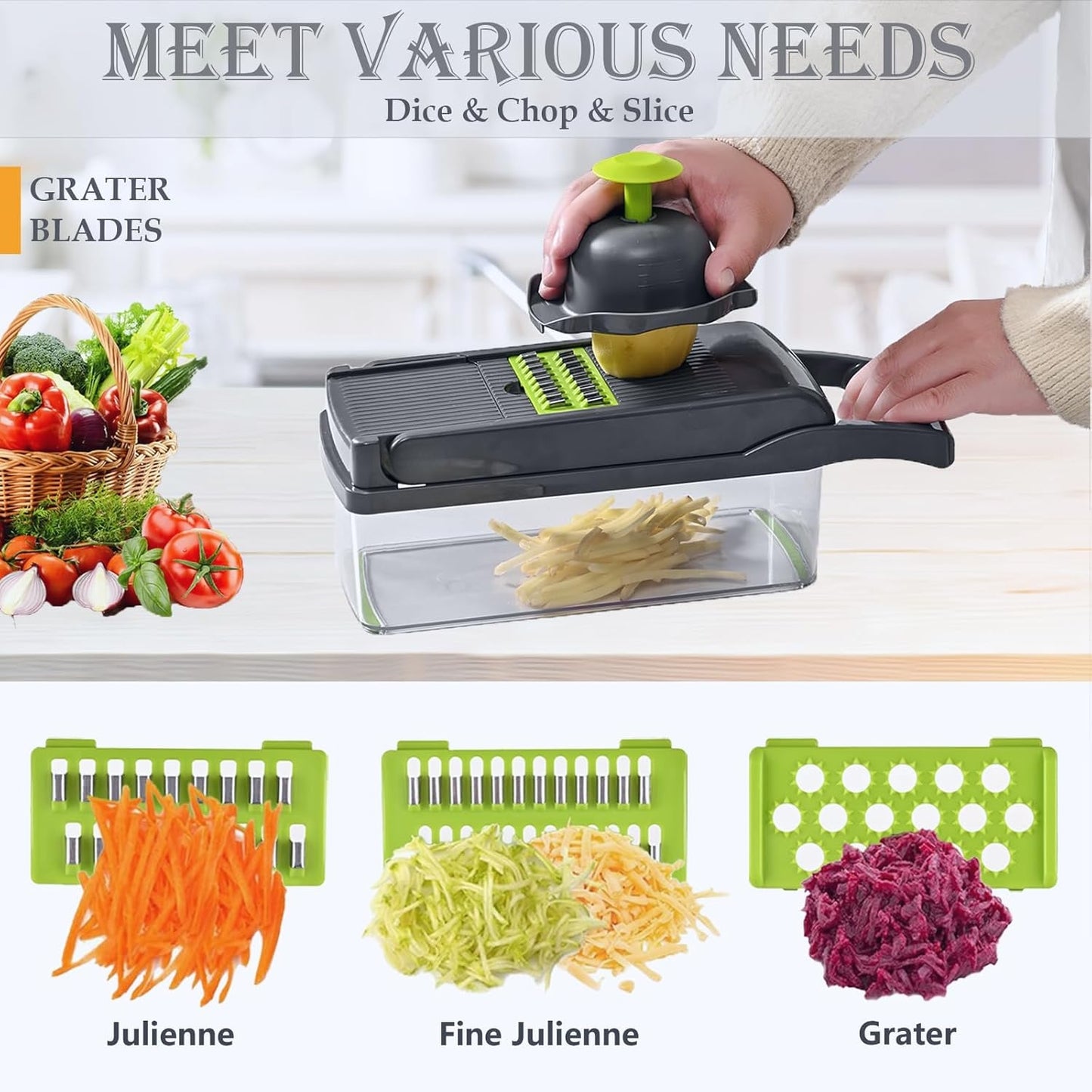 Behome Mandoline Slicer, 15-in-1 Multi-Functional Kitchen Gadget Set, Veggie Chopper, Food Chopper with Container, Vegetable Cutter & Spiralizer for Onion Salad, Gray