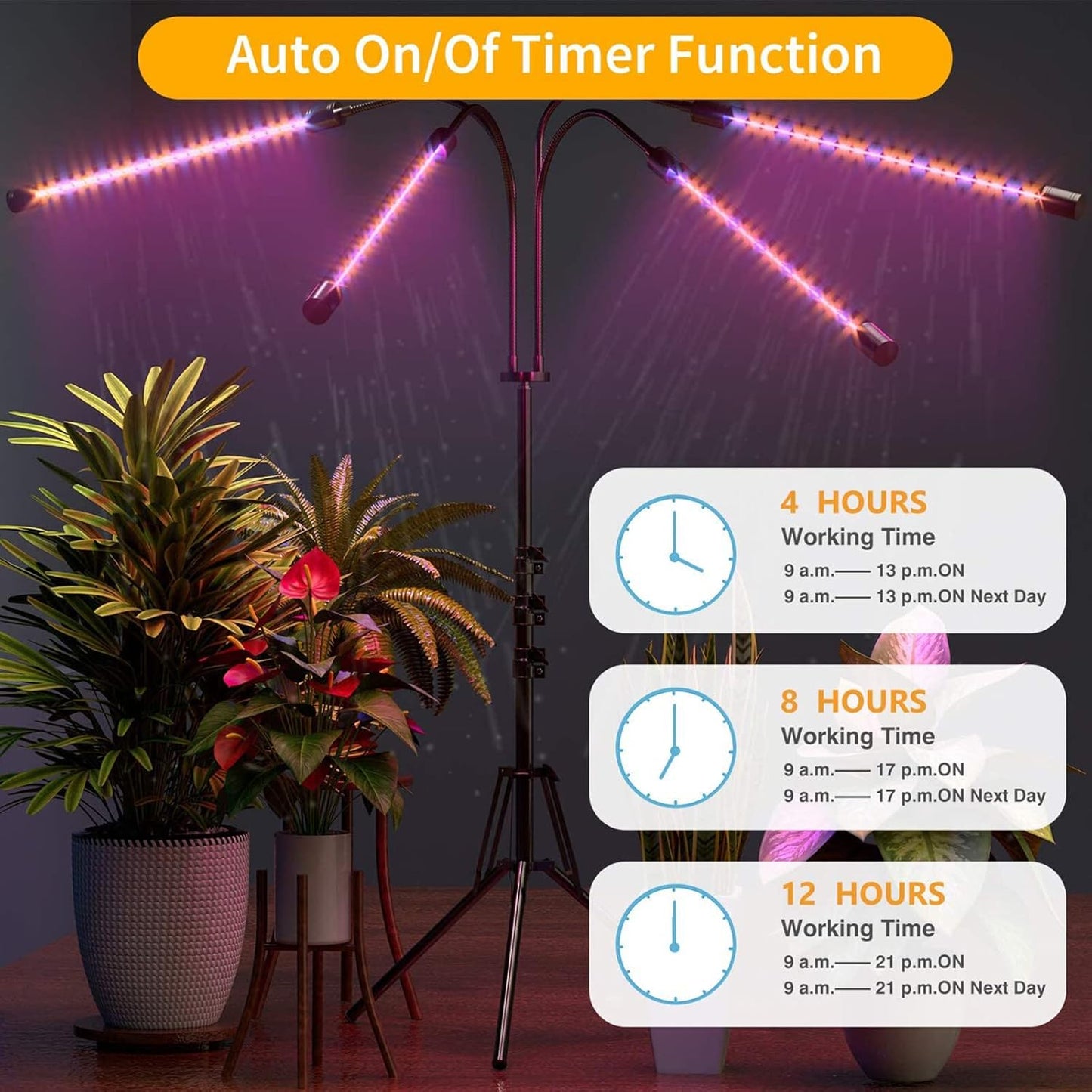 Behome 5 Heads Grow Light for Indoor Plants, Full Spectrum Plant Light with Adjustable Stand, Grow Lamp with Auto ON/Off Timer, 3 Light Modes & 10 Dimmable Brightness