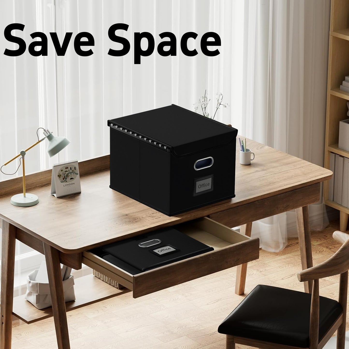 Behome File Box, Foldable File Organiser Box with Lid, Foldable Fabric Hanging Filing Box with Plastic Slide for Home Storage Office Filing, Black