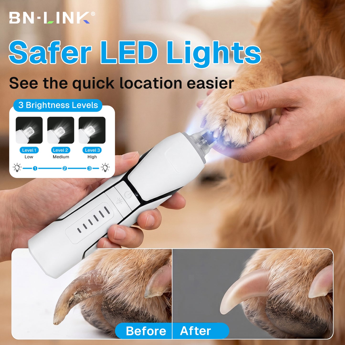 Behome 6-Speed Dog Nail Grinder, Electric Pet Nail Grinder with 3-Level LED Light & Extra Grinder Head, Painless Pet Nail Trimmer for Small to Large Dogs