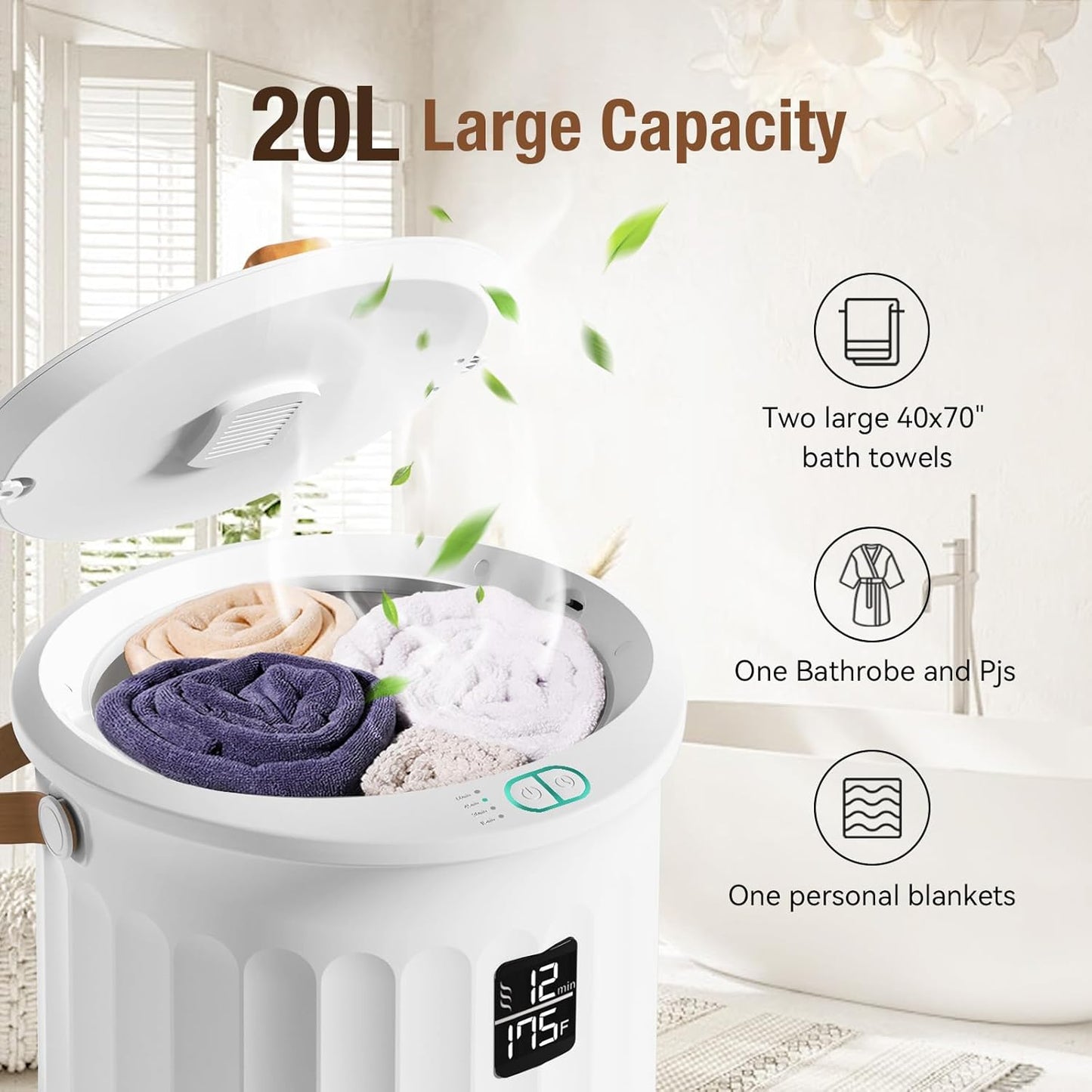 Behome Tower Warmer, 20L Large Hot Towel Warmers Bucket with LED Display, Auto Shut Off, Child Lock, Heat Timer 15/30/45/60 Min Adjustable, for Hot Tub, Bathroom, Spa, White