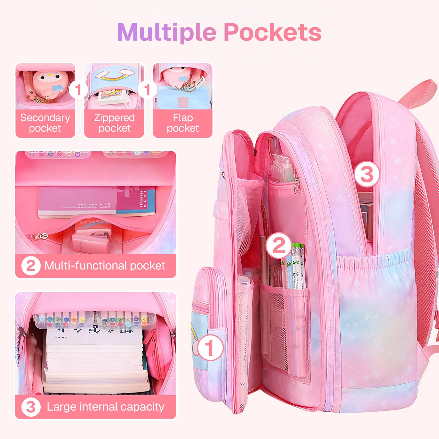 Behome 17” Backpack for Girls, Large kids backpack, School Backpacks with Durable & Water-Resistant Fabric, for Elementary, Middle, and High School Students