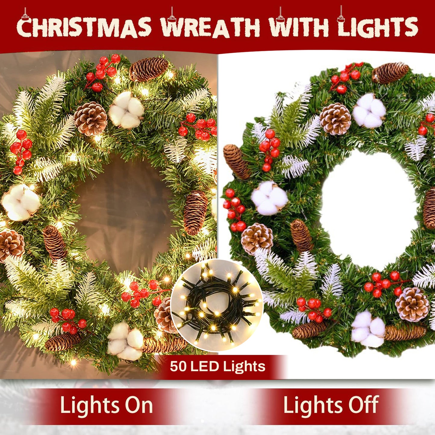BN-LINK 24 Inch Pre-Lit Artificial Christmas Wreath, 8 Lighting Modes & 50 LED Lights & 180 Branch Tips, X-max Decoration for Home Wall Window Porch