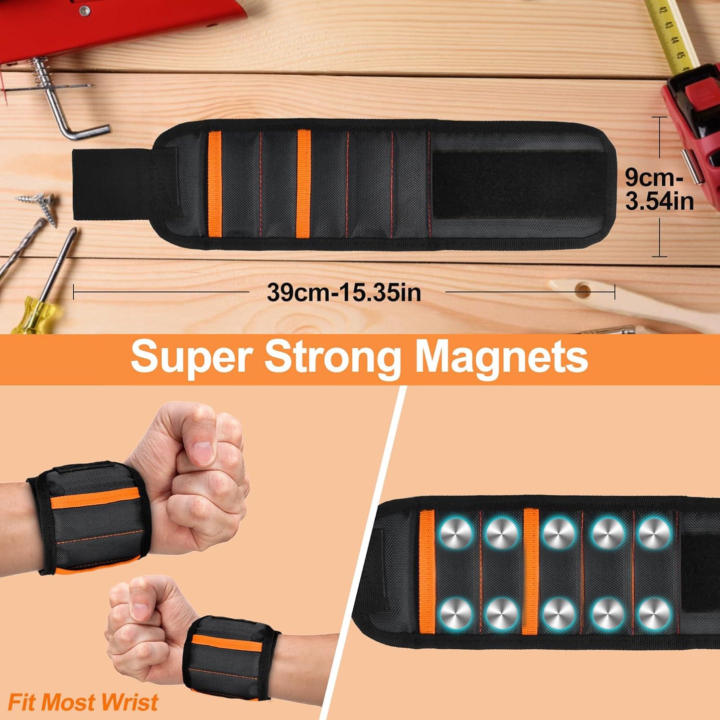 BN-LINK Magnetic Wristband for Tools, Lightweight Magnetic Wristband with 2 Pockets, 10 Strong Magnets Wrist Magnetic Holder for Holding Screws, Nails, Drill Bits
